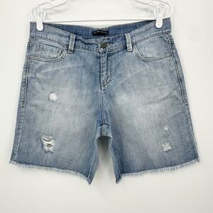 New York & Company Women Denim Bermuda Shorts 8 Light Wash Frayed Hem Distressed